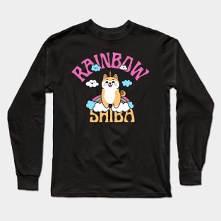 Shiba Inu Unicorn Kawaii Illustration With Rainbow And Cloud Long Sleeve T-Shirt